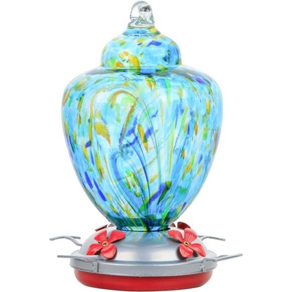 Hummingbird Feeder with Perch - Hand Blown Glass - Light Green - 38 Fluid Ounces - Picture 1 of 8